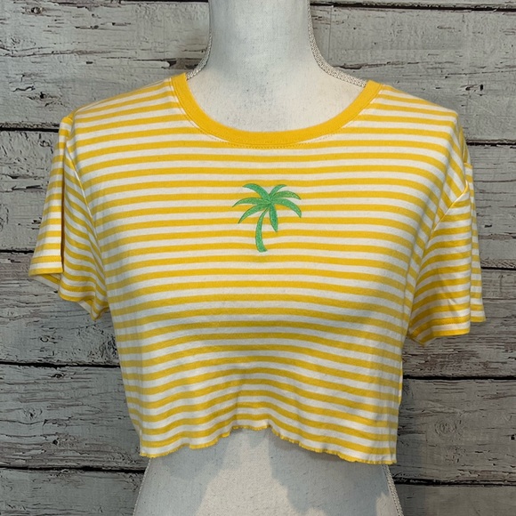 TALBOTS Cropped Tee w Palm Tree and Sunglasses Yellow/White Stripes-Large - Picture 1 of 3
